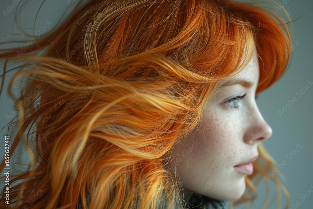 Fototapeta premium Detailed close-up view of vibrant orange and blonde strands of flowing hair against a plain background, highlighting texture and motion, representing free spirit and style.