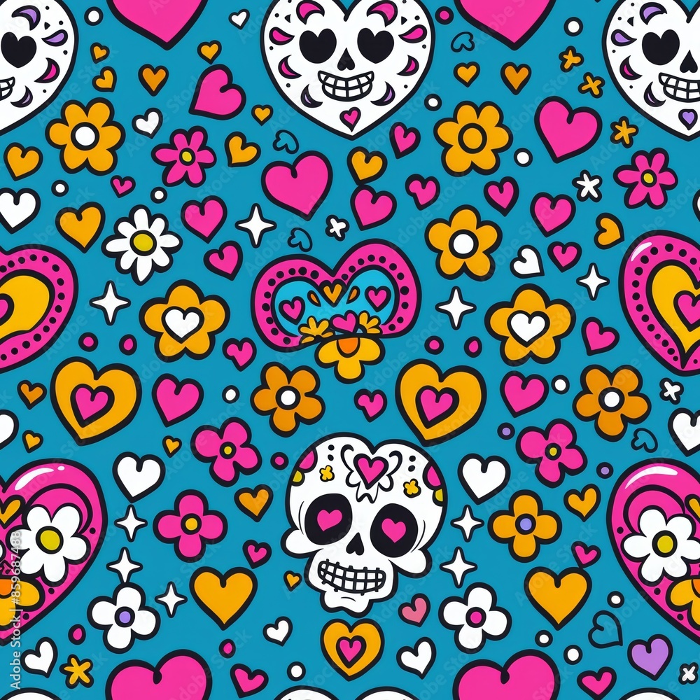 Seamless pattern of sugar skulls and floral elements for a vibrant and unique design Seamless pattern of sugar skulls and floral elements for a vibrant and unique design