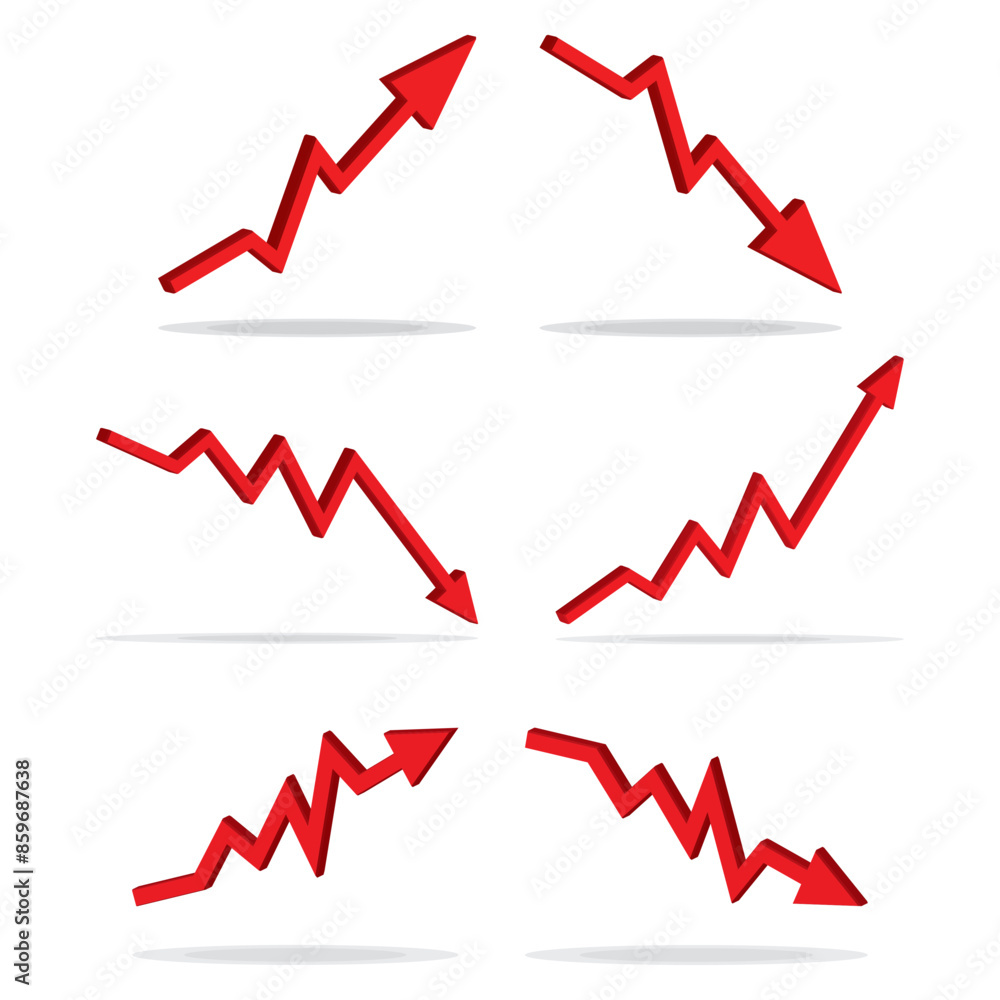 3d Up and Down sign with red arrows vector set. Design vector illustration concept of sales bar chart symbol icon set with arrow moving down and sales bar chart with arrow moving up. 3d Up and Down sign with red arrows vector set. Design vector illustration concept of sales bar chart symbol icon set with arrow moving down and sales bar chart with arrow moving up.