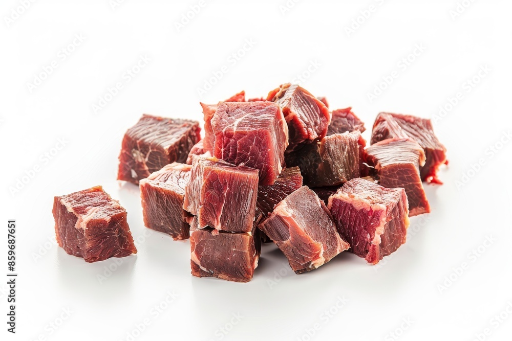 Freshly Cut Beef Cubes on White Background Freshly Cut Beef Cubes on White Background