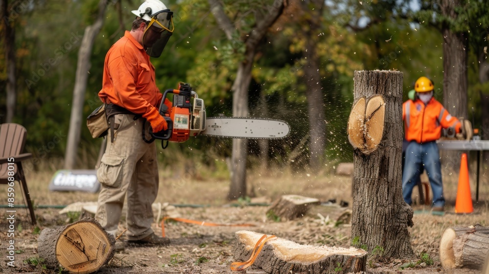 Safety Demonstration for Proper Chainsaw Use with Protective Gear and Safe Handling Techniques Safety Demonstration for Proper Chainsaw Use with Protective Gear and Safe Handling Techniques