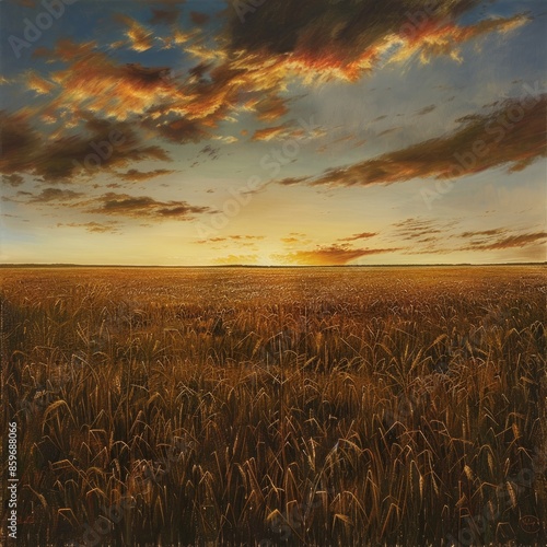 A painting of a field with a sun setting in the background