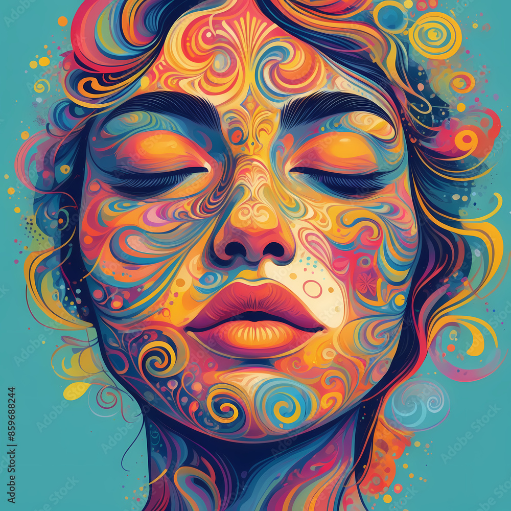 Colorful illustration of a woman's face embracing psychedelic 'flower power' revival, featuring vibrant colors and retro artistic vibes Colorful illustration of a woman's face embracing psychedelic 'flower power' revival, featuring vibrant colors and retro artistic vibes