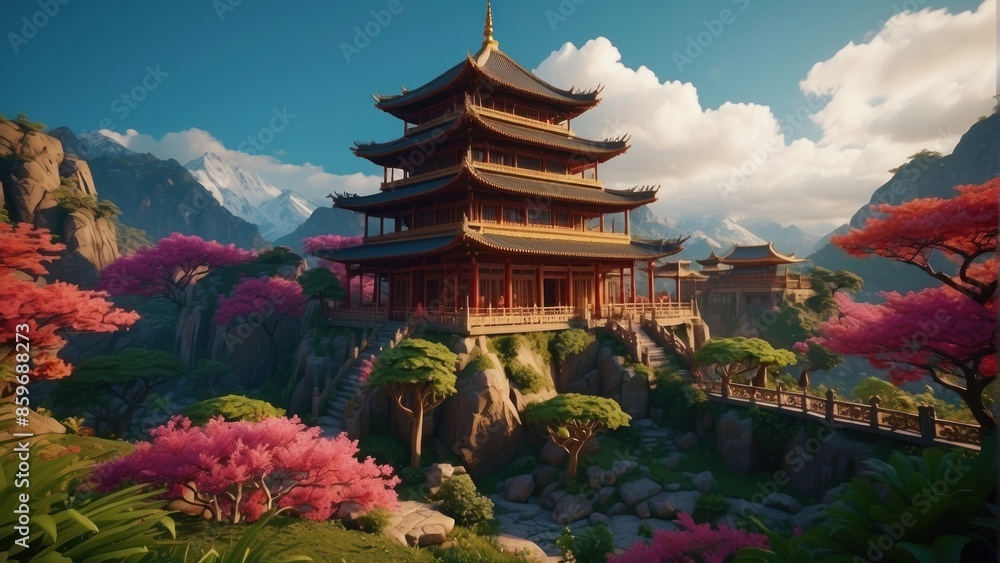 Beautiful illustration of old Japanese towers in the mountains