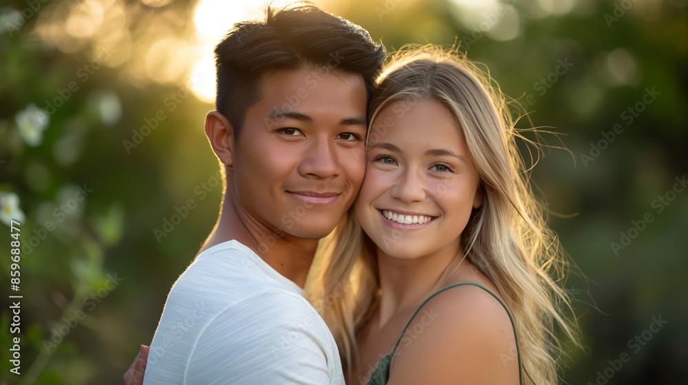 Naklejka premium A young woman with long wavy hair in a green dress and a happy man with short black hair in a white shirt hugging in a garden during daytime