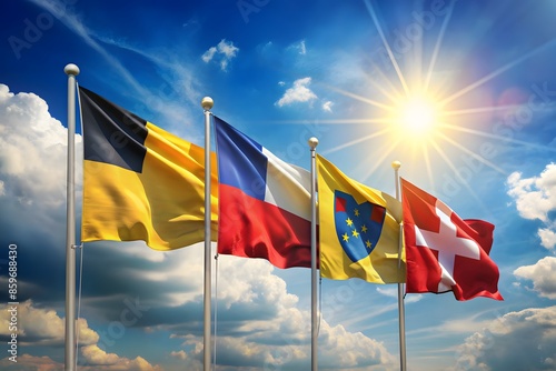 Flags Of Belgium, Wallonia, Eupen-MalmÃ©dy, And Switzerland Waving In The Wind Under A Clear Blue Sky. photo