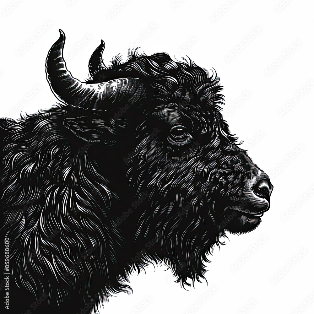 A black and white drawing of a bison with long horns A black and white drawing of a bison with long horns