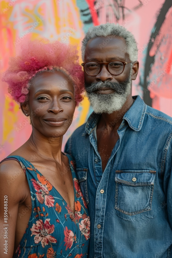 Middle-aged African American couple smiling in front of a vibrant mural, woman with pink hair in floral dress, man with gray hair in denim shirt, waist-up photo, midday light Middle-aged African American couple smiling in front of a vibrant mural, woman with pink hair in floral dress, man with gray hair in denim shirt, waist-up photo, midday light