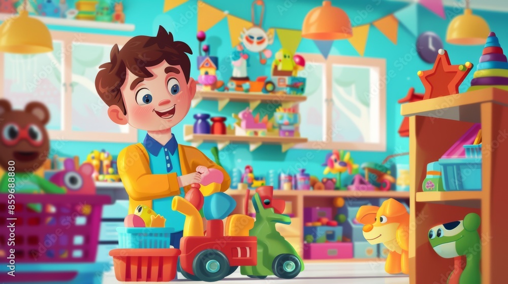 Cheerful Children's Toy Store Banner with Playful Cartoon Characters and Colorful Toys Cheerful Children's Toy Store Banner with Playful Cartoon Characters and Colorful Toys