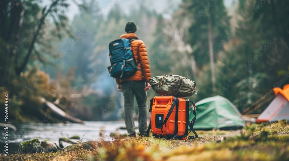 Portable Gasoline Generator for Remote Camping with Hiker and Gear by a Mountain River Portable Gasoline Generator for Remote Camping with Hiker and Gear by a Mountain River