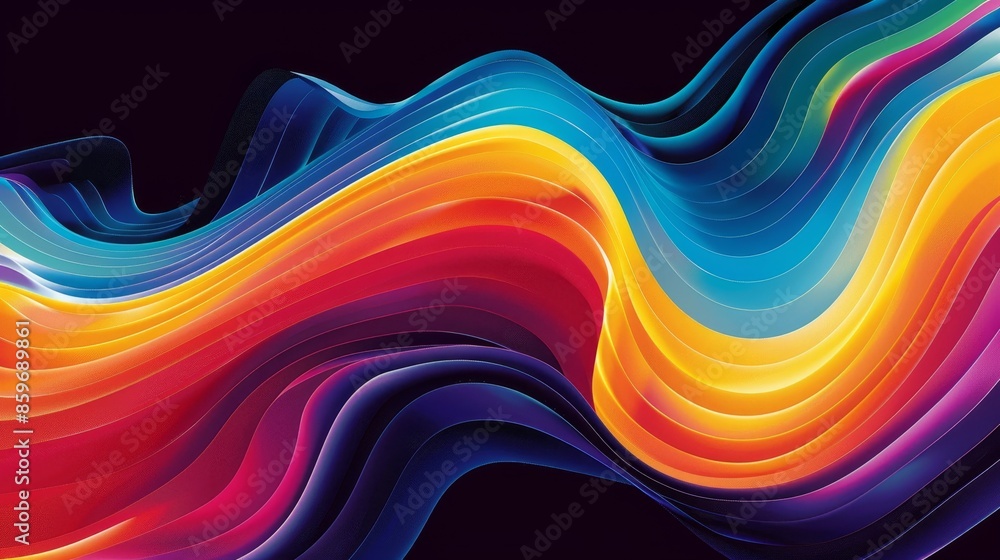Obraz premium Abstract Colorful Wavy Lines on Black Background - Digital Art, Illustration, 3D, Graphic, Design