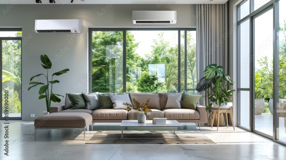 Fototapeta premium Modern Living Space with Efficient Air Conditioning, Stylish Furniture, and Indoor Plants