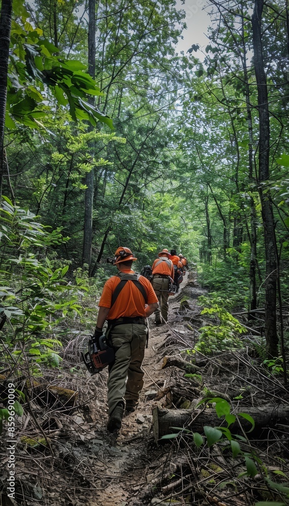 Team of Workers Clearing Forest Path with Chainsaws for New Hiking Trail Development Team of Workers Clearing Forest Path with Chainsaws for New Hiking Trail Development