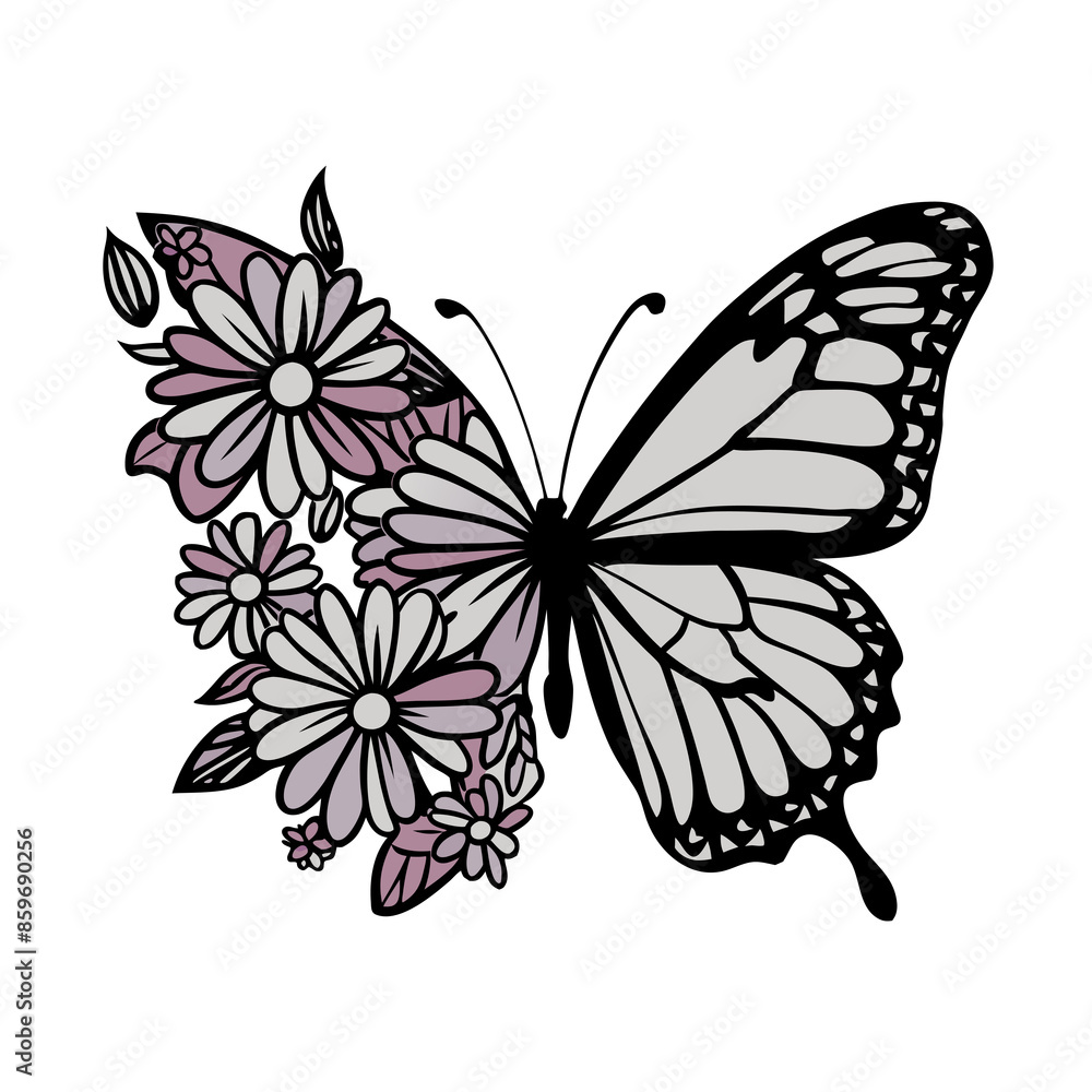 A single butterfly with one wing made up of flowers is depicted in black A single butterfly with one wing made up of flowers is depicted in black