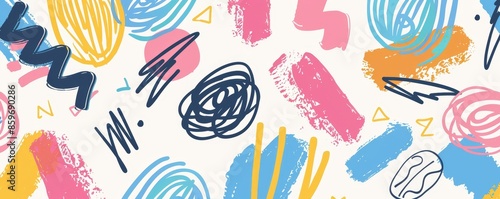 Abstract Seamless Pattern with Hand Drawn Shapes in Pink, Yellow, and Blue