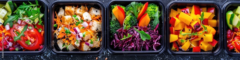 Naklejka premium vegetables and salads in plastic containers. Selective focus