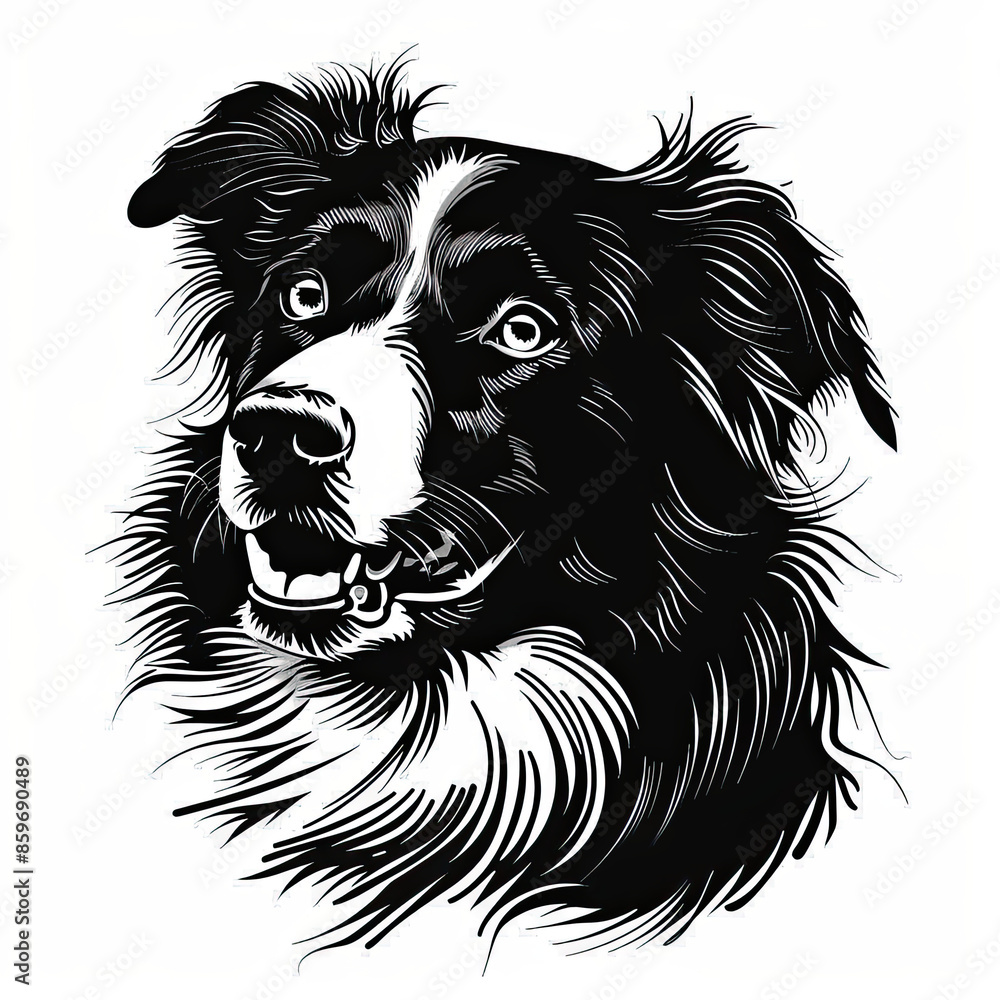 A black and white drawing of a Border Collie dog A black and white drawing of a Border Collie dog