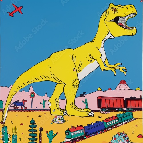 A yellow dinosaur is standing in front of a train photo