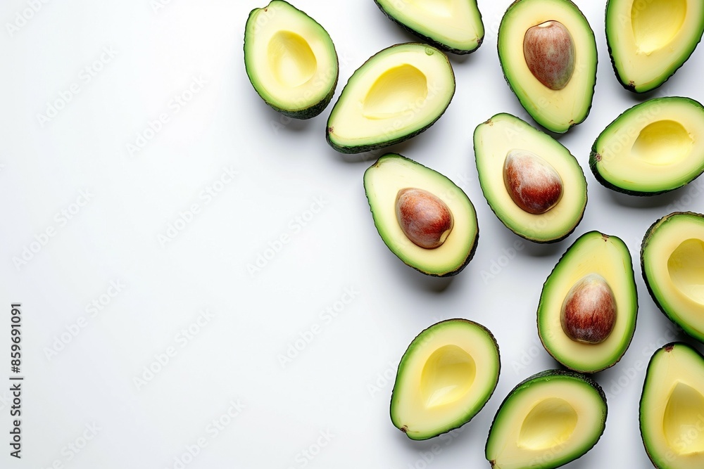 Avocados cut in half on white background with copy space, overhead view. Avocados cut in half on white background with copy space, overhead view.