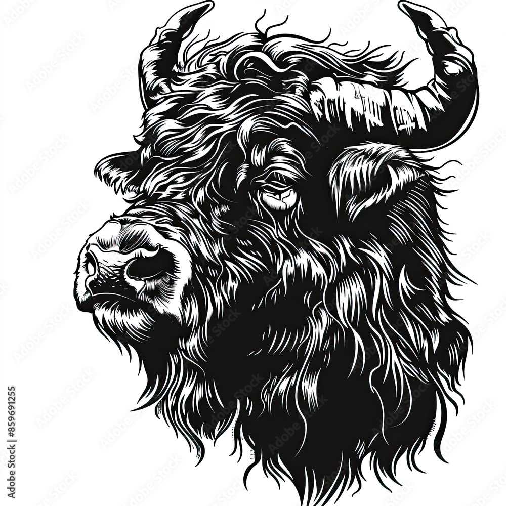 Obraz premium A black and white drawing of a bison 's head
