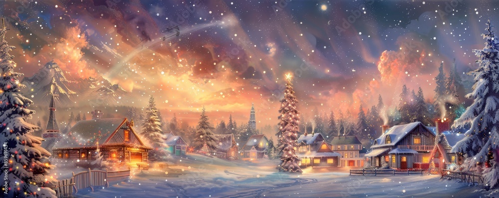 Fototapeta premium Magical Winter Village with Snowfall and Illuminated Christmas Trees