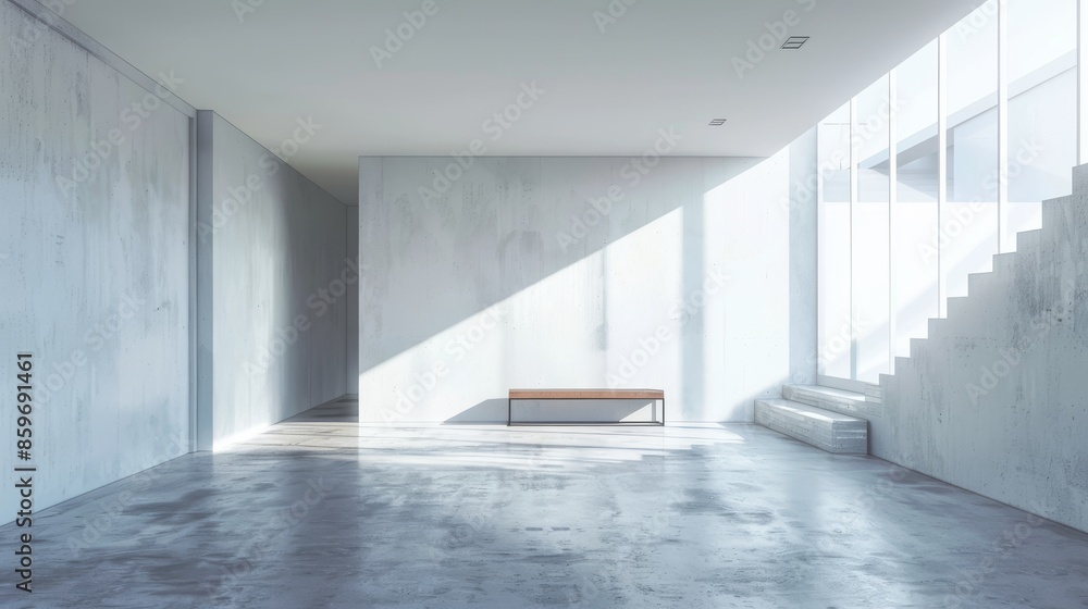 Minimalist Concrete Interior with Bench and Sunlight Minimalist Concrete Interior with Bench and Sunlight