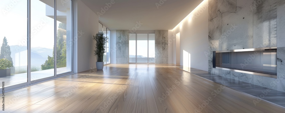 Fototapeta premium Modern Living Room with Fireplace and Patio View