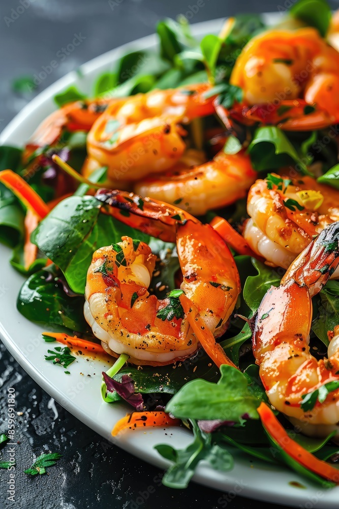 fresh juicy salad with shrimps. Selective focus fresh juicy salad with shrimps. Selective focus