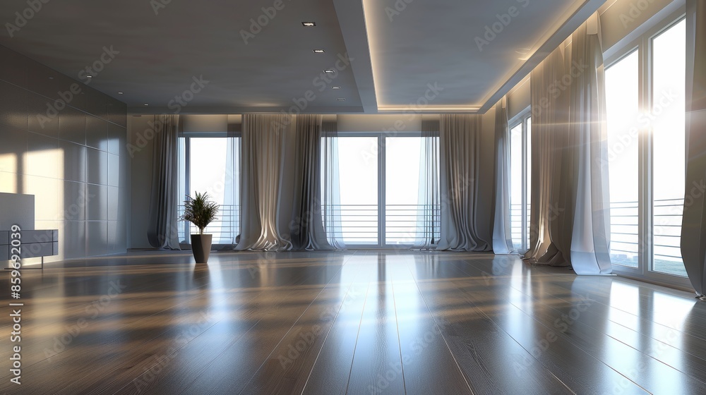 Sunlit Modern Living Room with Wooden Floor and Large Windows Sunlit Modern Living Room with Wooden Floor and Large Windows
