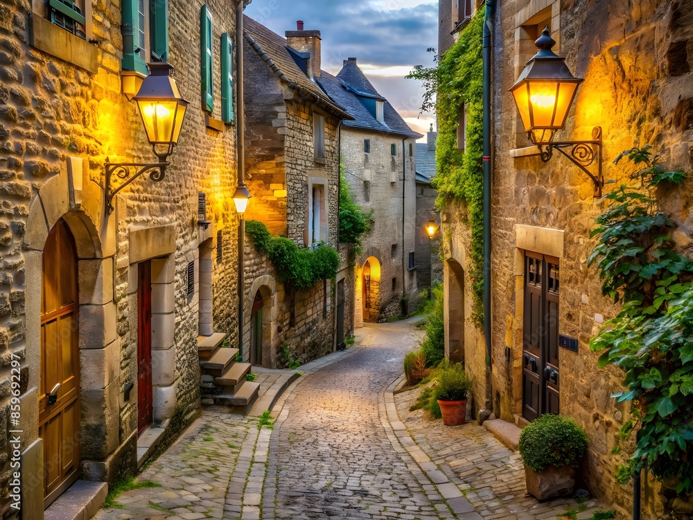 Fototapeta premium A Narrow Cobblestone Street In A Charming French Village Is Lit By Warm Street Lamps At Dusk.