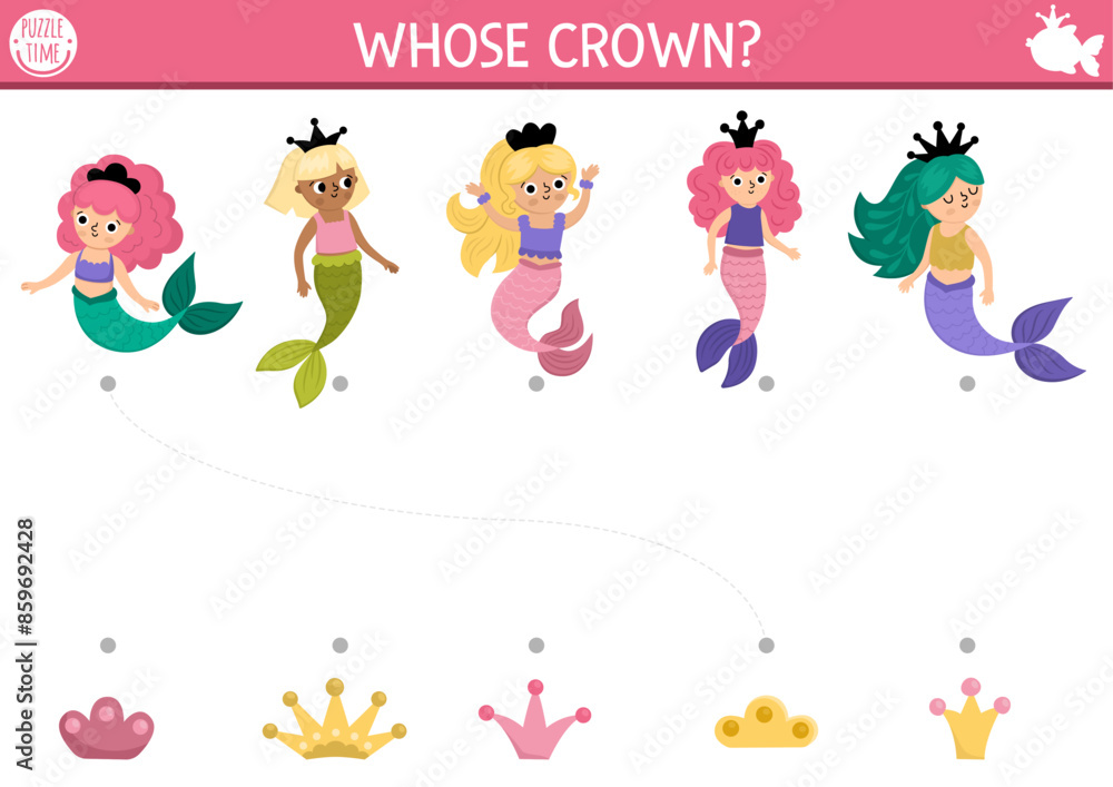 Mermaid shadow matching activity with sea princesses. Fairytale ocean kingdom puzzle with cute girl. Find correct silhouette printable worksheet, game. Marine page for kids. Spot missing crown. Mermaid shadow matching activity with sea princesses. Fairytale ocean kingdom puzzle with cute girl. Find correct silhouette printable worksheet, game. Marine page for kids. Spot missing crown.