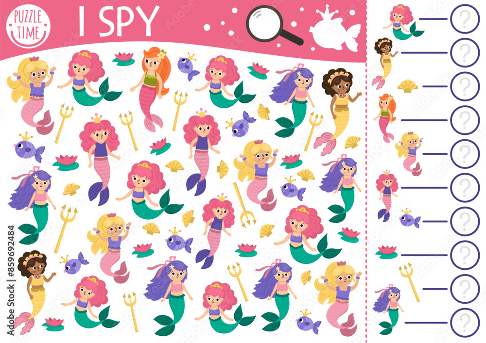 Mermaid I spy game for kids. Searching, counting activity with trident, water lily, seashell, fish. Fairytale ocean kingdom printable worksheet for children. Simple marine spotting puzzle. Mermaid I spy game for kids. Searching, counting activity with trident, water lily, seashell, fish. Fairytale ocean kingdom printable worksheet for children. Simple marine spotting puzzle.