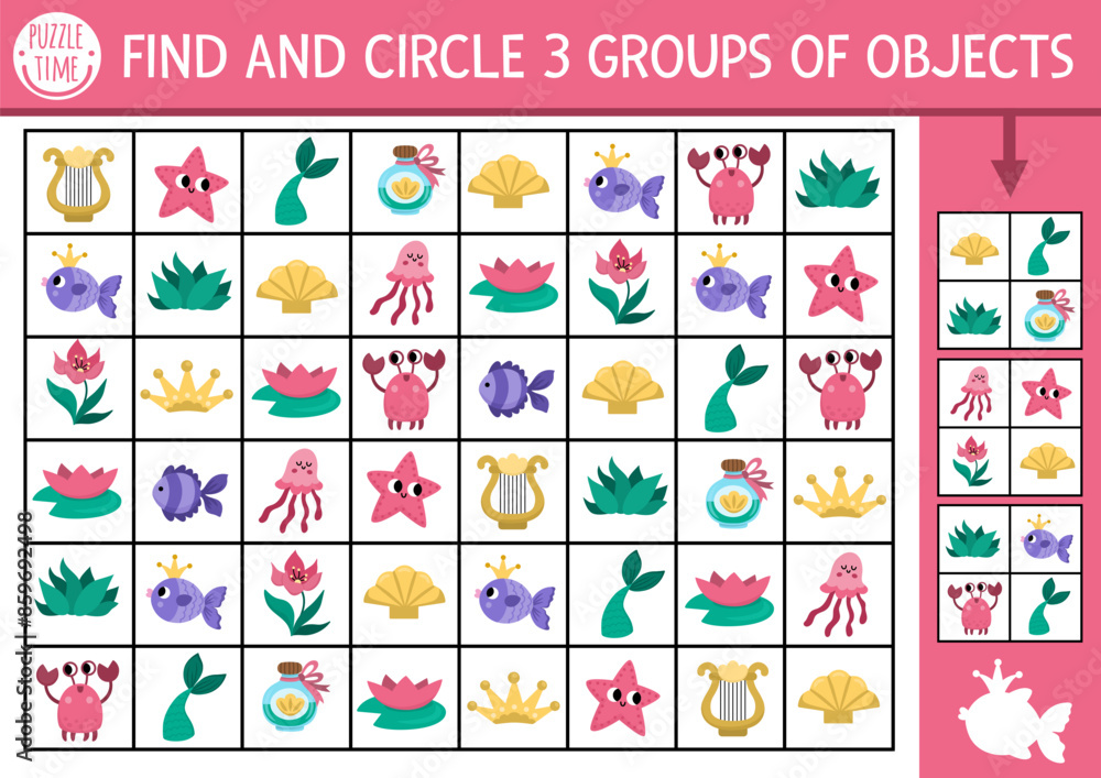 Mermaid seek and find game. Attention skills training puzzle with ...