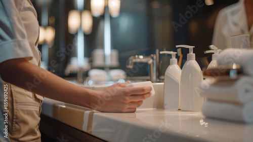 Professional Chambermaid Arranging Toiletries on Modern Hotel Bathroom Counter - Clean and Pristine Design photo