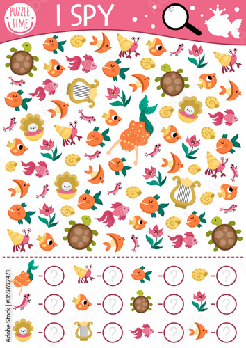 Mermaid I spy game for kids. Searching, counting activity with harp, turtle, seashell, water lily, crab. Fairytale ocean kingdom printable worksheet for children. Simple marine spotting puzzle.