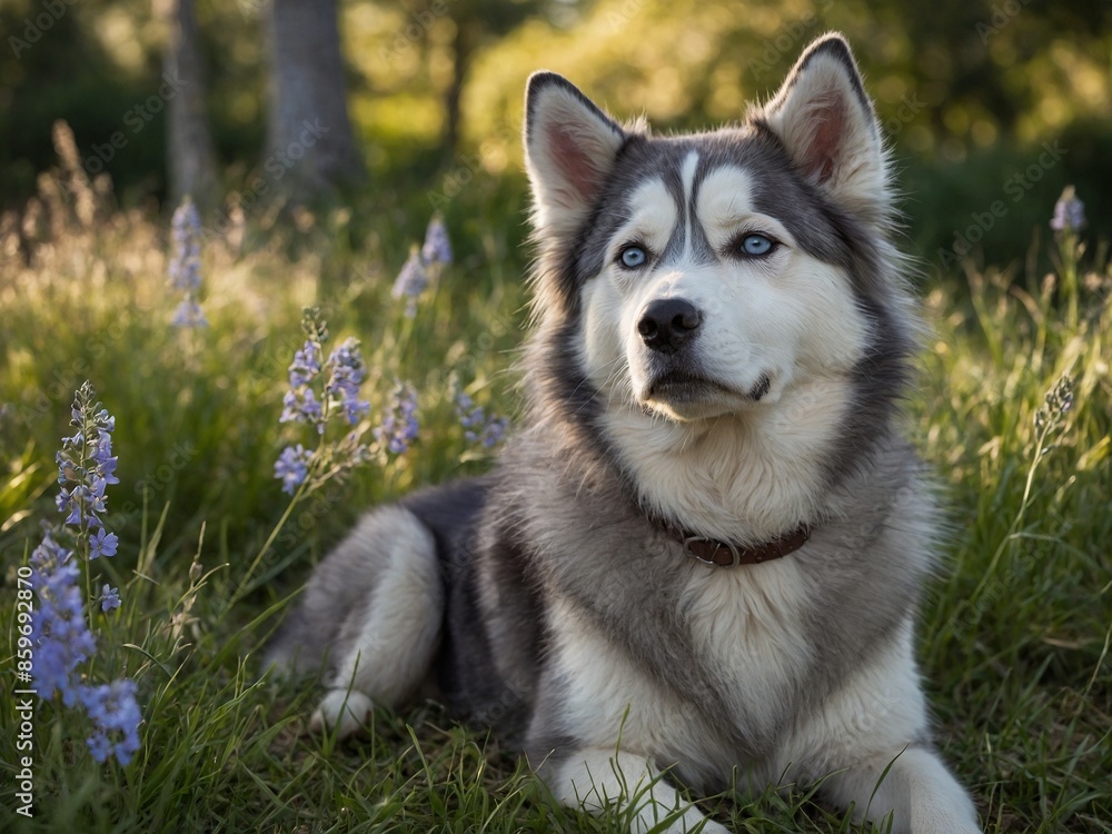 Beautiful dog with thick, fluffy coat lying on grass in serene meadow filled with blooming purple flowers. Sunlight filters through trees in background, casting warm glow over scene. Beautiful dog with thick, fluffy coat lying on grass in serene meadow filled with blooming purple flowers. Sunlight filters through trees in background, casting warm glow over scene.