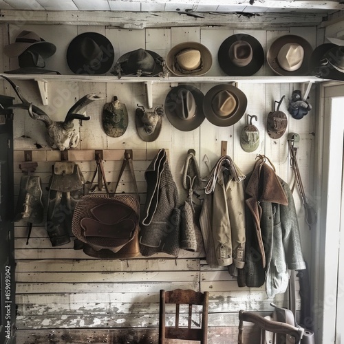 A collection of hats and jackets hanging on a wall