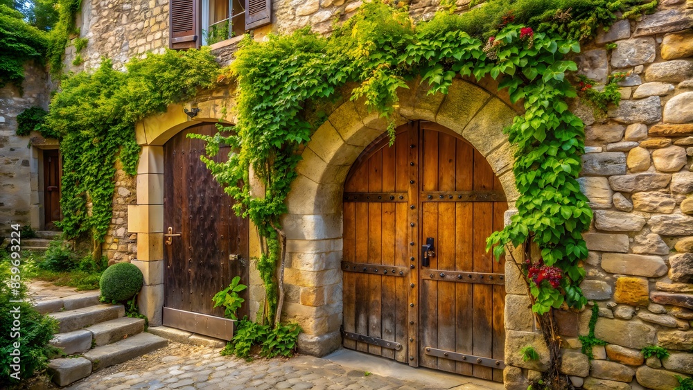 Fototapeta premium Rustic Wooden Doors And Windows Of A Medieval Stone House Overgrown With Green Ivy