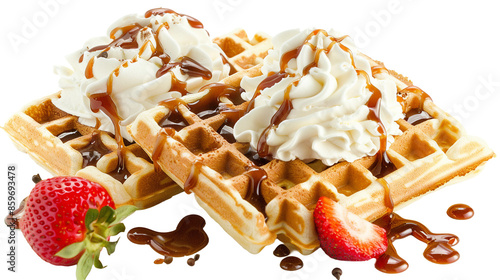 Wallpaper Mural Two Waffles with Caramel Sauce, Whipped Cream, and Strawberries on Transparent Background - Delicious Dessert for Gourmet Snack and Breakfast, Perfect Indulgence in Homemade Culinary Art. Torontodigital.ca