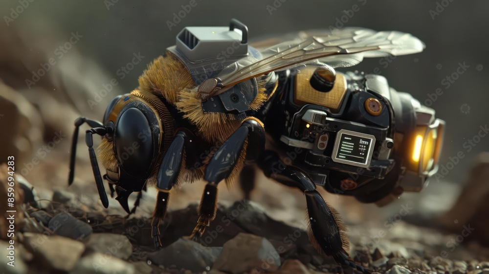 Closeup of a futuristic tracking device attached to a mining bee to monitor its underground activities Closeup of a futuristic tracking device attached to a mining bee to monitor its underground activities