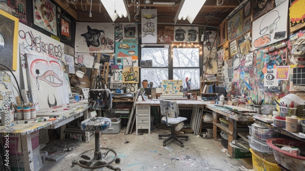 Vibrant Artist's Studio Filled with Popsicle Artworks, Sketches, and Sculptures - Creative Workspace Vibrant Artist's Studio Filled with Popsicle Artworks, Sketches, and Sculptures - Creative Workspace