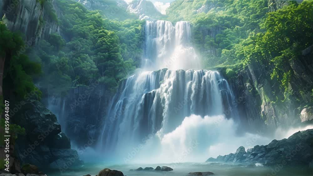 Stunning Waterfall Cascading Down Lush Green Cliffs in a Serene Natural Landscape Stunning Waterfall Cascading Down Lush Green Cliffs in a Serene Natural Landscape