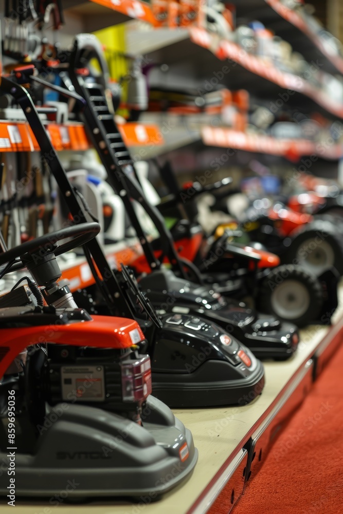 Fototapeta premium Lawn Mowers with Interchangeable Blades and Accessories in Home Improvement Store Display