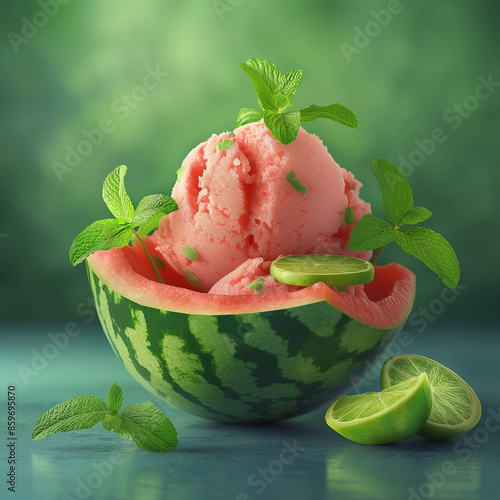 Watermelon sorbet served in a hollowed-out watermelon bowl, with mint and lime