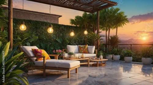 Terrace in the tropics and sunset