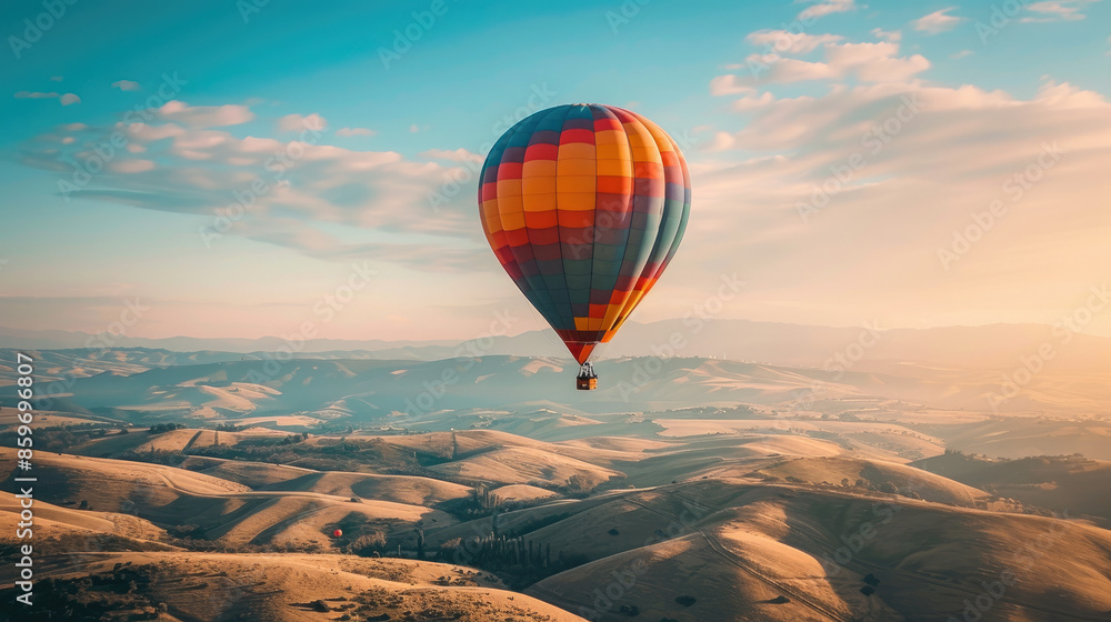 Fototapeta premium A colorful hot air balloon floats over rolling hills at sunrise, casting shadows on the golden landscape beneath a blue sky with a few clouds.