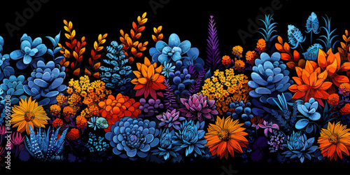 Vibrant botanical illustration featuring a variety of colorful flowers and plants in shades of blue, orange, and purple against a black background, perfect for nature and floral-themed designs