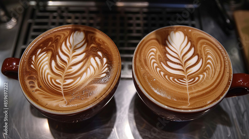 Latte art with milk and coffee is a technique in which the barista creates various patterns on the surface of the coffee.