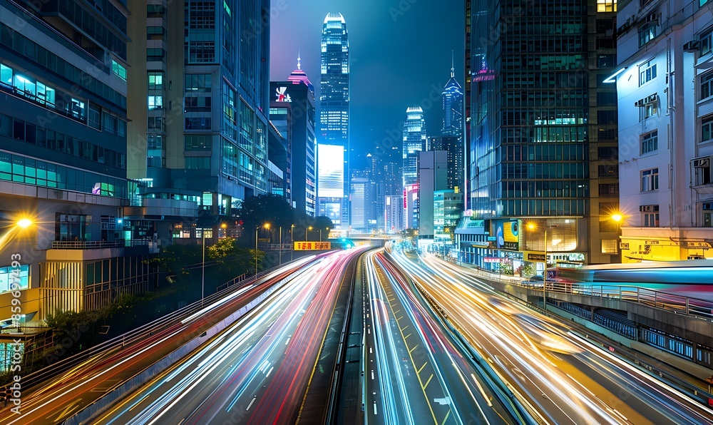 Capture the energy of a bustling metropolis with streaks of car lights leading to a bright, towering skyline Capture the energy of a bustling metropolis with streaks of car lights leading to a bright, towering skyline