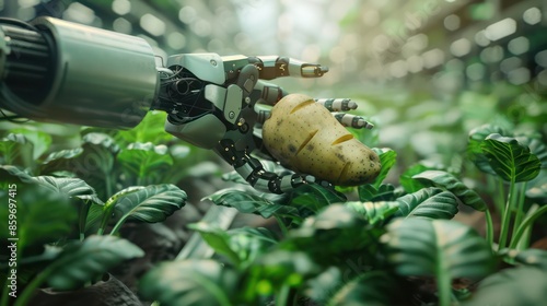 Futuristic robotic arm harvesting a potato from a soilfree, hydroponic system photo